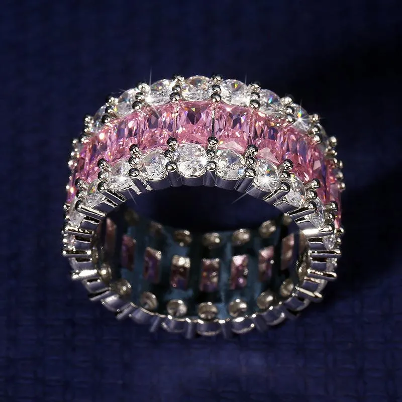 Cluster Ringe Ewigkeit Rosa Saphir Diamant Ring 925 Sterling Silber Bijou Verlobung Ehering Für Frauen Braut Feine Party Je286O