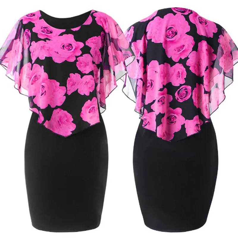 Été Lâche Femmes Robe Élégant Bureau Dame Rose Fleur Imprimer Cape Moulante Genou Longueur Rouge 220613