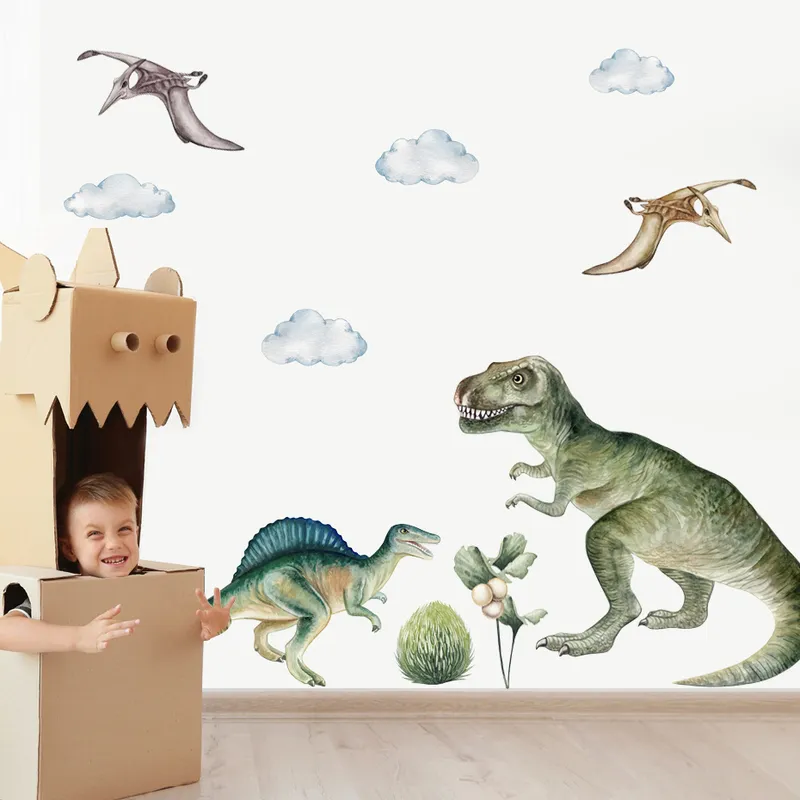 Cartoon Raptor Tyrannosaurus Dinosaur Adesivo da parete bambini Acquerello Buccia e bastone Decalcomanie da muro Boy Room Interior Home Decor Regali 220613