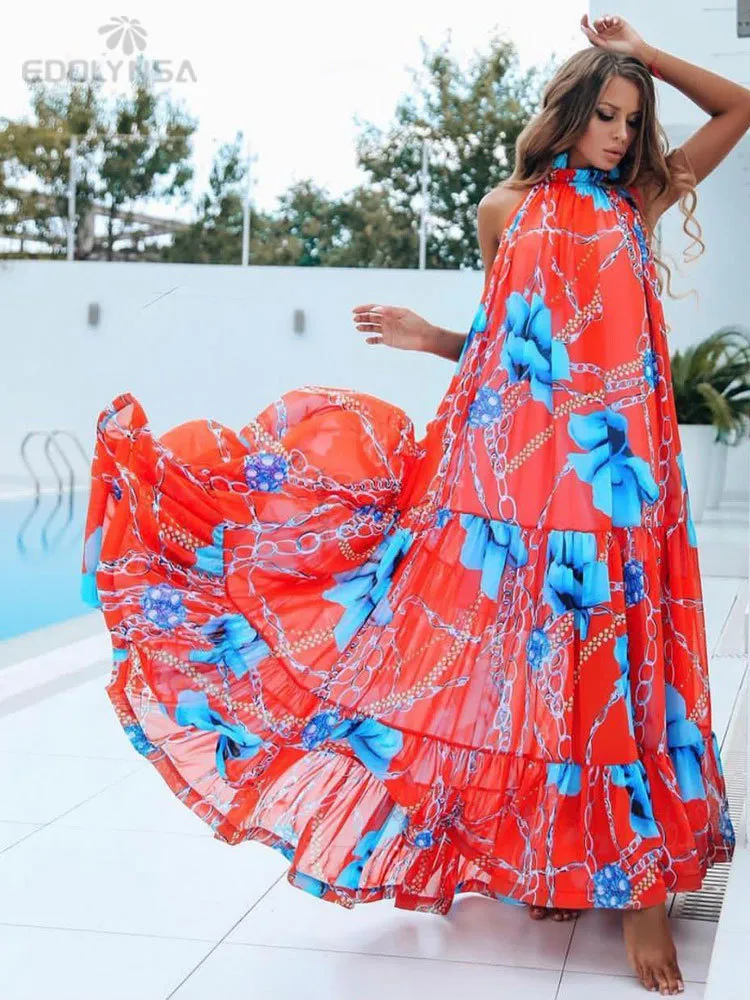 Casual Printed Loose Large Hem Dress Sexig ärmlös Lady Beach Maxi Dress Summer Fashion Elegant Boho Dresses A1080 220510