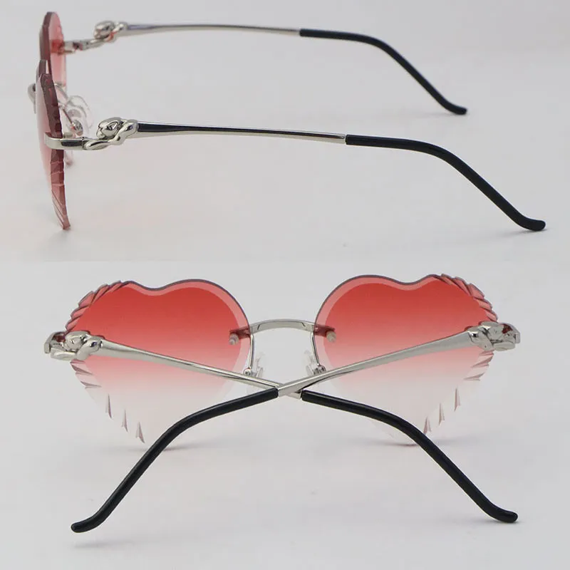 Neues Modell, herzförmiges Gesicht, randlose Metall-Sonnenbrille, Damen-Sonnenbrille, Cheetah-Serie, Diamantschliff-Linse, draußen, Fahren, rote Gläser, Brille Desi199U