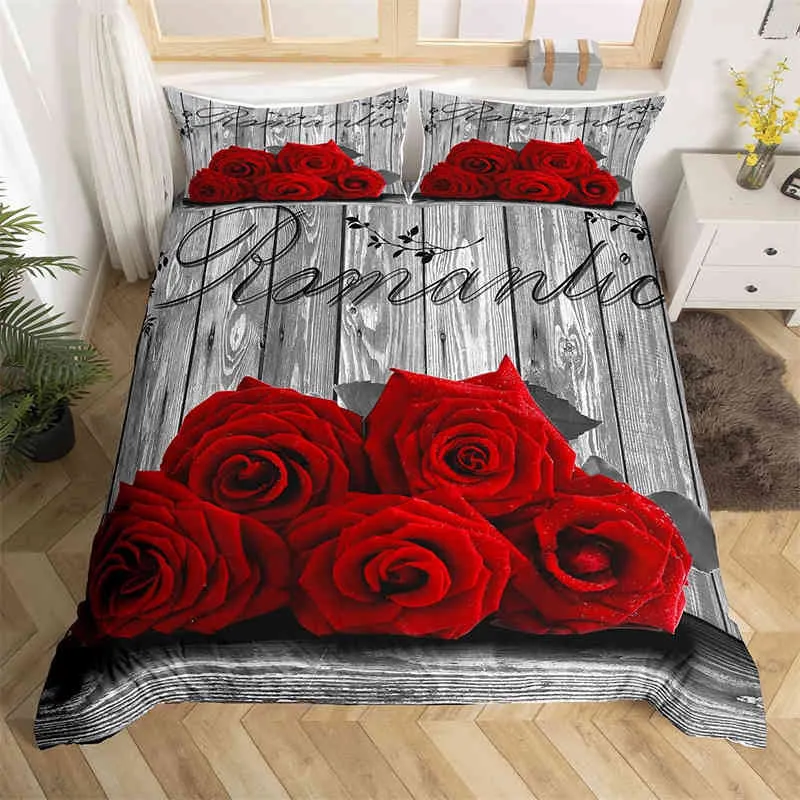 Röd rosblommig täcke täckning vintage träblommor sängkläder set romantisk tröskel geometrisk sängäcke full king size