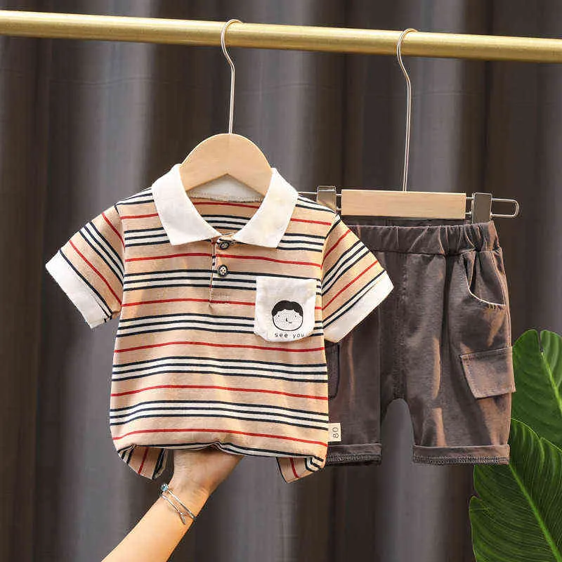 Boys Set Cotton Baby Suit Summer Short Sleeve Casual Children's Top Shorts for Infant Kids Outing Clothes Stripe Fashion G220509