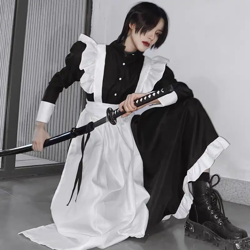 Stsvzorr cosplay kostium czarno -białe ubrania w stylu brytyjska linia perłowa długa kawiarnia pokojówka cos mundur 220325