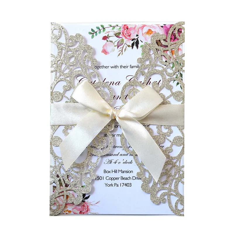 laserowe cięcie zaproszenia na ślub Karta Glitter Paper Paper Cting z wstążką dostosowaną do dekoracji ślubnej dostawy 220608