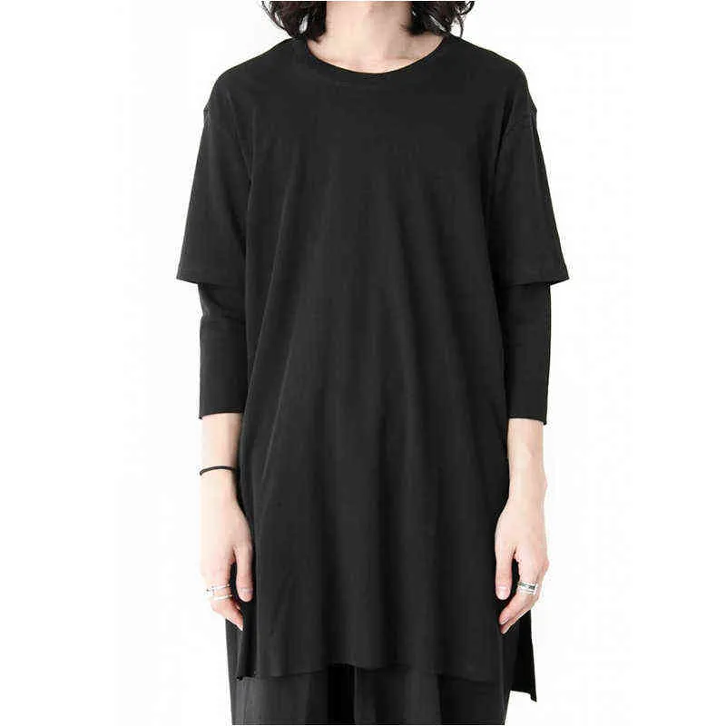 Short-sleeved double-layered three-quarter sleeves large round neck loose long T-shirt side slit large size male art L220704