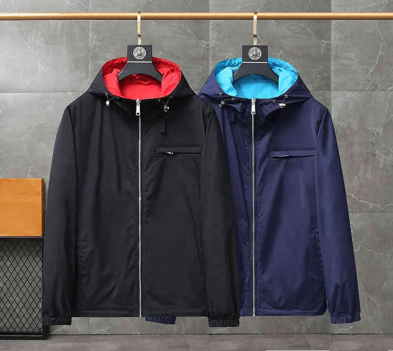 Vår 2022 Mäns Nya dubbelsidiga Hooded Jacket Trench Coat Front Zipper Pocket Business Casual M-2XL