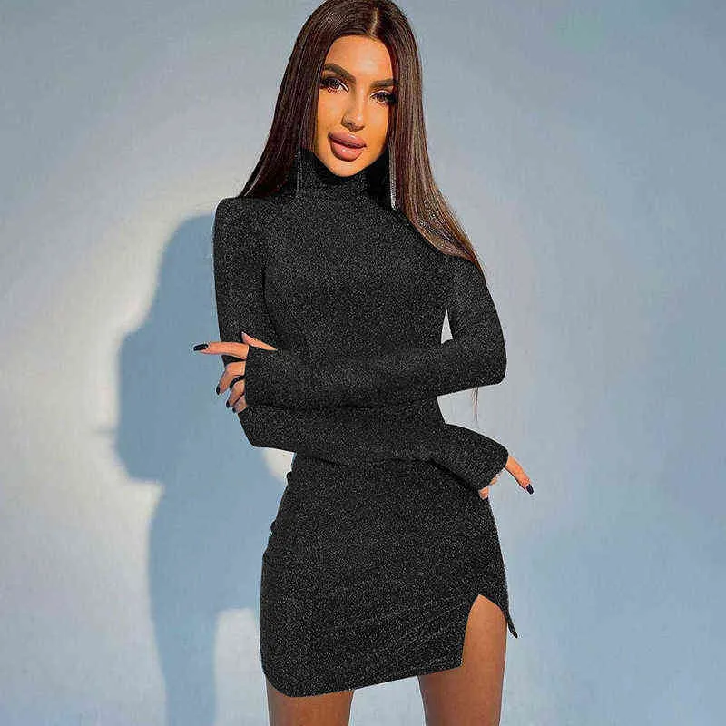 Female Dress Turtleneck Bright Silk Slit Knitted Mini Long Sleeve Bodycon Dresses For Women 2022 Spring Autumn Sexy Club Clothes Y220413