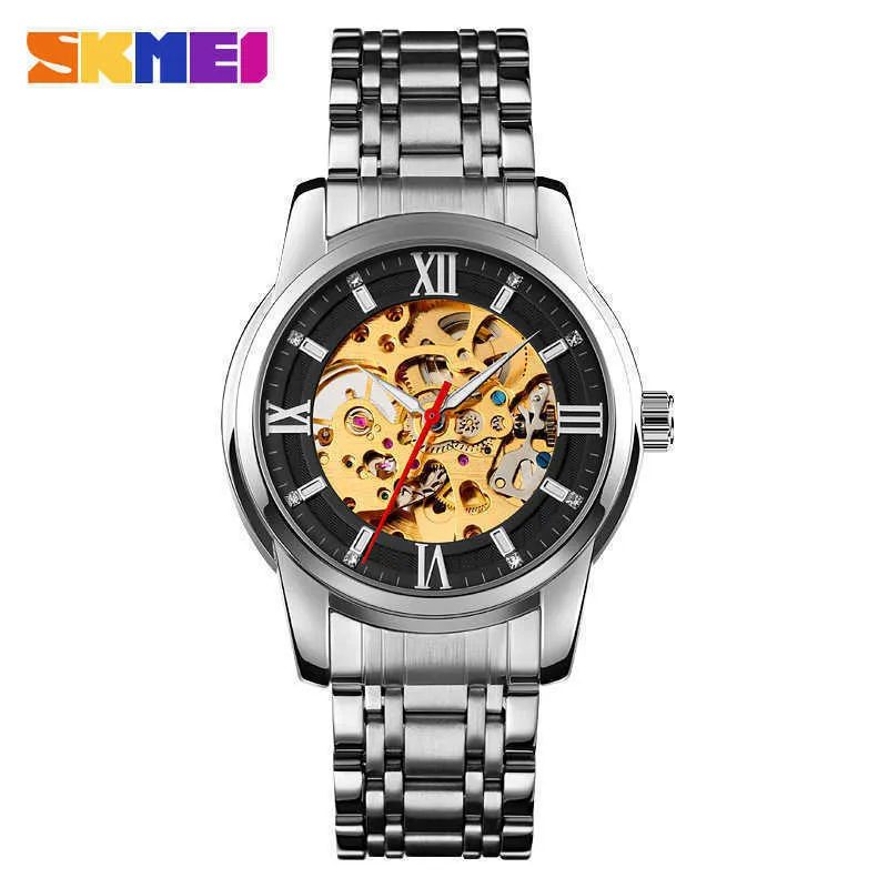 Spiral Watch Business Crown Men's rostfritt stål runda enfaldig spänne metall ihålig automatisk mekanisk klocka2336