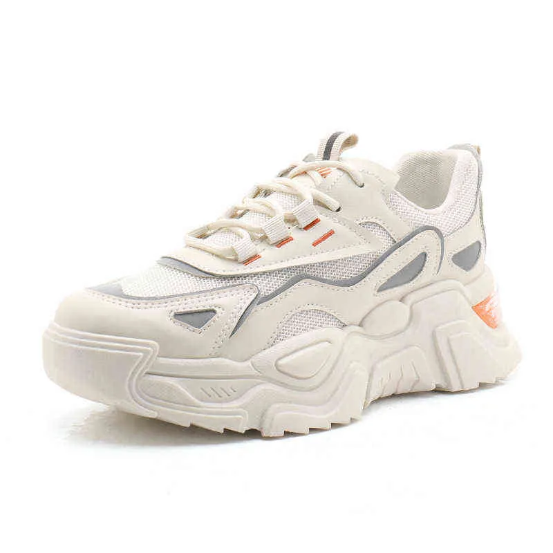 2021 Witte schoenen Leer Spring herfst Dames met dikke zolen Hoogte toenemende causale schoenen Trendy vrouwen Running Sneakers Ladies G220629