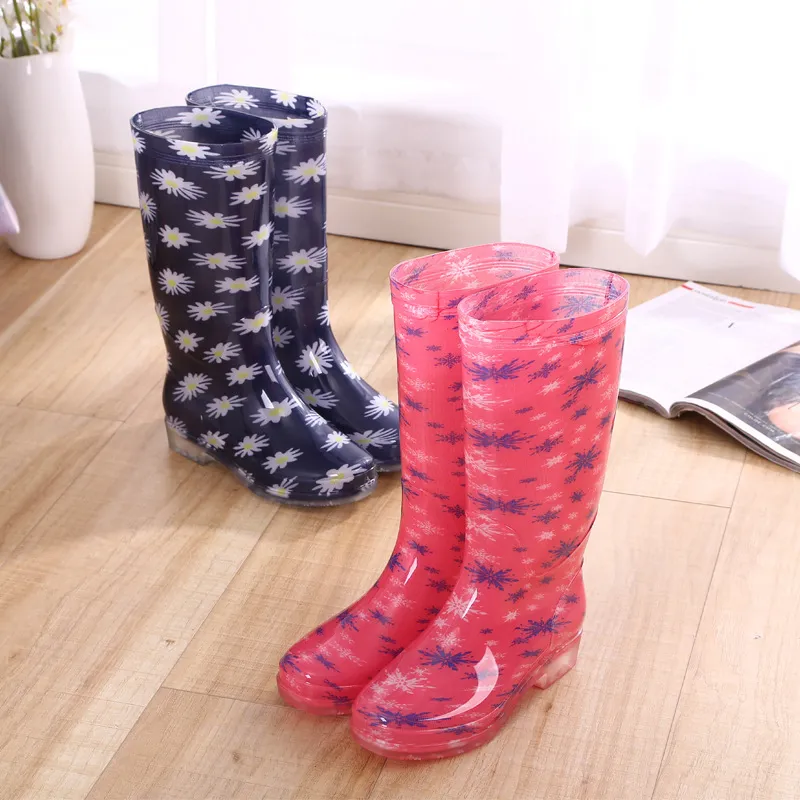 Pofulove Rain Boots Женщины Печать ПВХ Водонепроницаемые Обувь для Девочек Высокая скольжение на колене на Анти пропустить Ботинки Длинные трубки Ботас Мода Размер 41