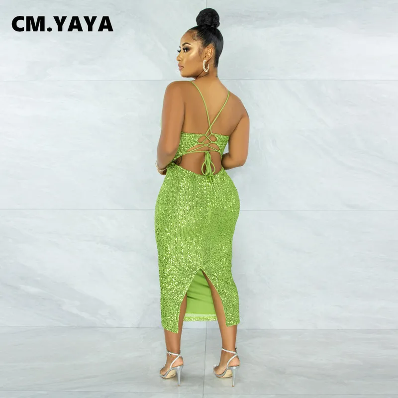 CM.YAYA Women Sequined Sleeveless Lace Up Backless Spaghetti Strap Bodycon Midi Mid-calf Length Sexy Party Dress 220516