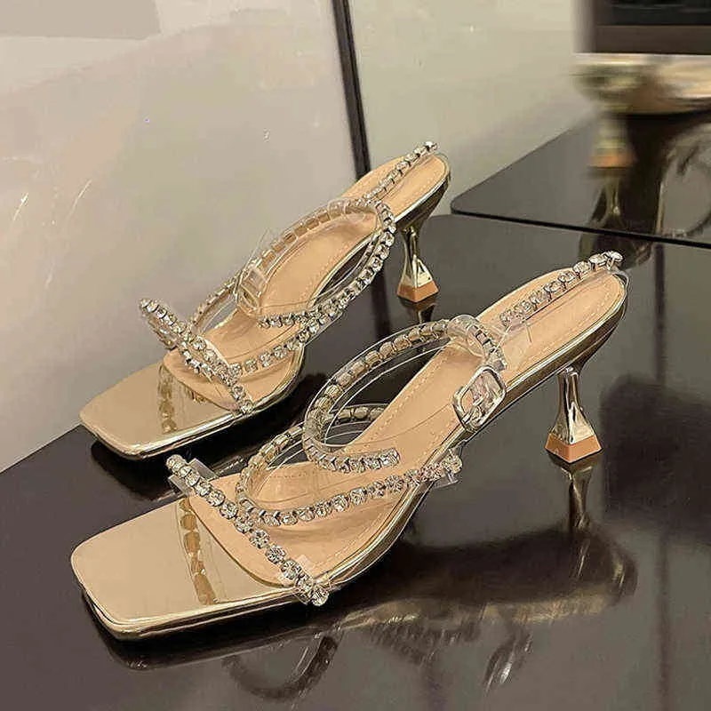 Sandals Rhinestones Silver High Heels Women Shoes 2022 Fashion Clear Strappy Gold Sexy Stiletto Party Bridal 220704