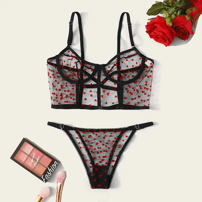 Conjunto de lencería erótica de malla con estampado de corazón de verano para mujer, Bralette transparente Sexy, sujetador de encaje para mujer, ropa interior transparente 220513