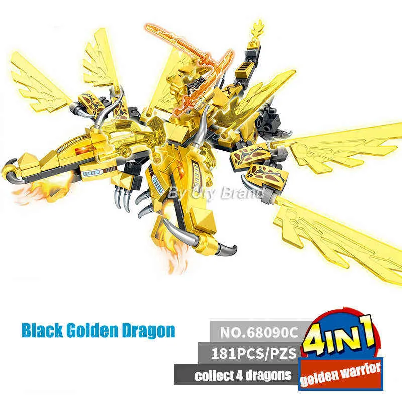 4in1 Ninja Golden Warrior Robot Mech 2 Heads Flying Dragons Set Fighter Figures Bouwstenen Speelgoed voor Kinderen Jongens Chritmas Gift AA220317