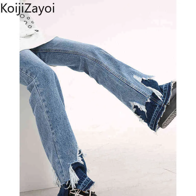Koijizayoi Jeans larghi casual da donna Primavera Autunno 2022 Nuovo arrivo Pantaloni larghi a gamba larga Pantaloni in denim a vita alta Jeans sfilacciati T220728