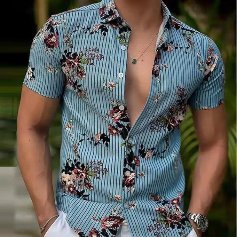 Летняя европейская и американская уличная мужская модная полоса печать повседневная рубашка для рубашек