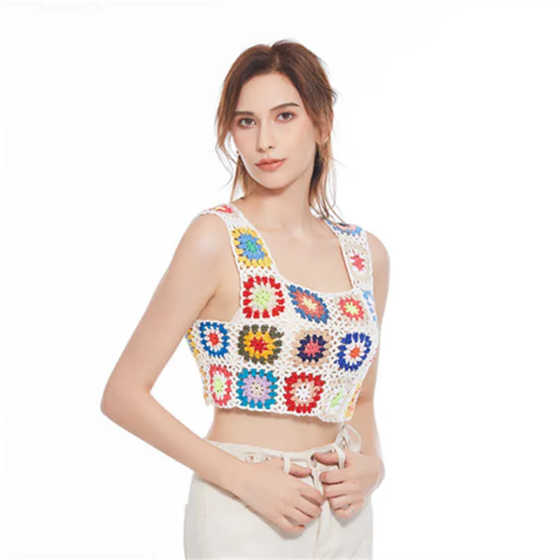 Womens Tops Vest National Style New Pure Hand Crochet Vest Hollowed Out Small Sling Wearing Flowers Ladies Fashion