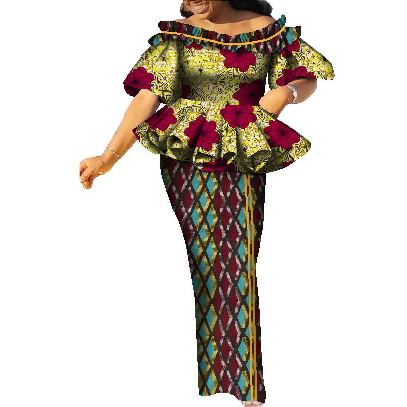 Bintarealwax Двух кусочков платье Dashiki Африканские платья костюм и принт для юбки плюс размеры для женщин для элегантной леди -вечеринки WY9021