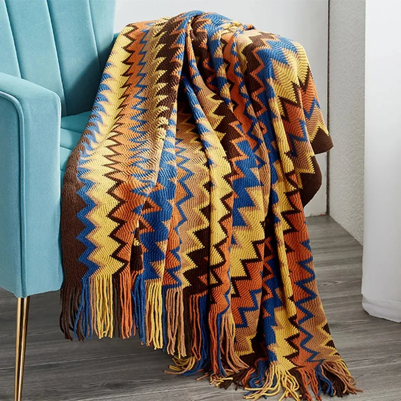 Bohemisk filt soffa täcker geometrisk stickad slipcover för soffstol säng pläd boho dekorativ filt cobertor manta deken 220527