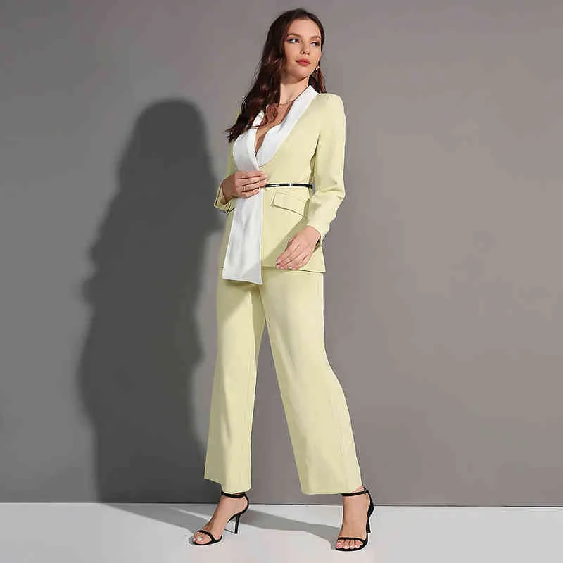 Ladies Office Suit Fashion Casual Loose Two-Piece Blazer Wide Leg Pants Women Chic Belt V-Neck Elegant Set T220729