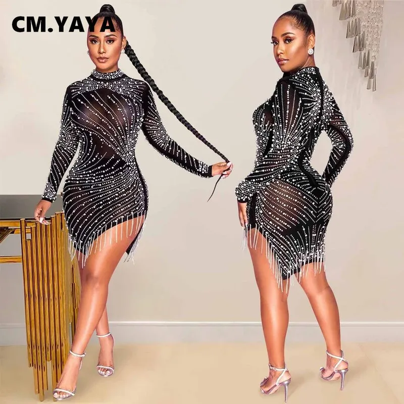 CM.yaya Lato See-przez Mesh Diamonds Sukienka Kobiety Sexy Slim Elastyczne Mini Dresses Tassel Lady Club Party Night Outfit 220317