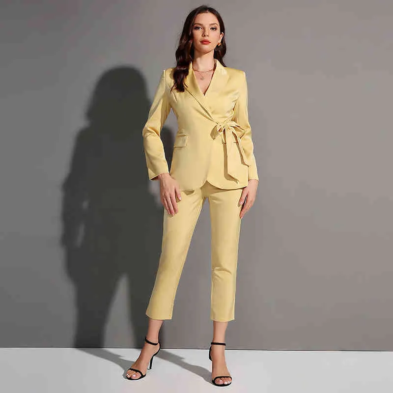 Spring Female Office Wear Blazer Pant Suit Two Pieces Set Women Belted Suit Jacket Wide Leg Pant Elegant Blazer Set T220729