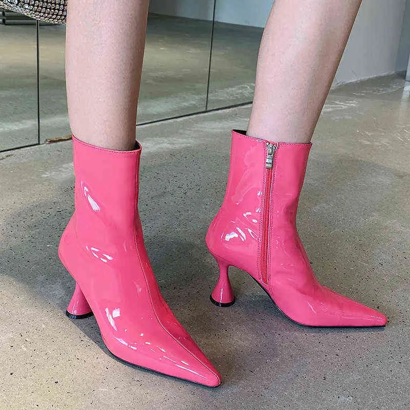 2022 Winter Luxury Women Patent Leather Ankle Boots Western Pointed Toe High Heel Short Boot Designer Party Fashion Shoes Y220706