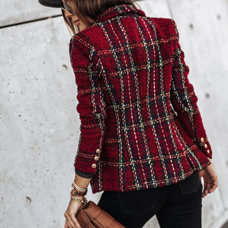 Women Long Casual Blazer Jacket Spring Autumn Fashion Double Breasted Tweed Check Print Coat Vintage Pocket Outerwear 220331