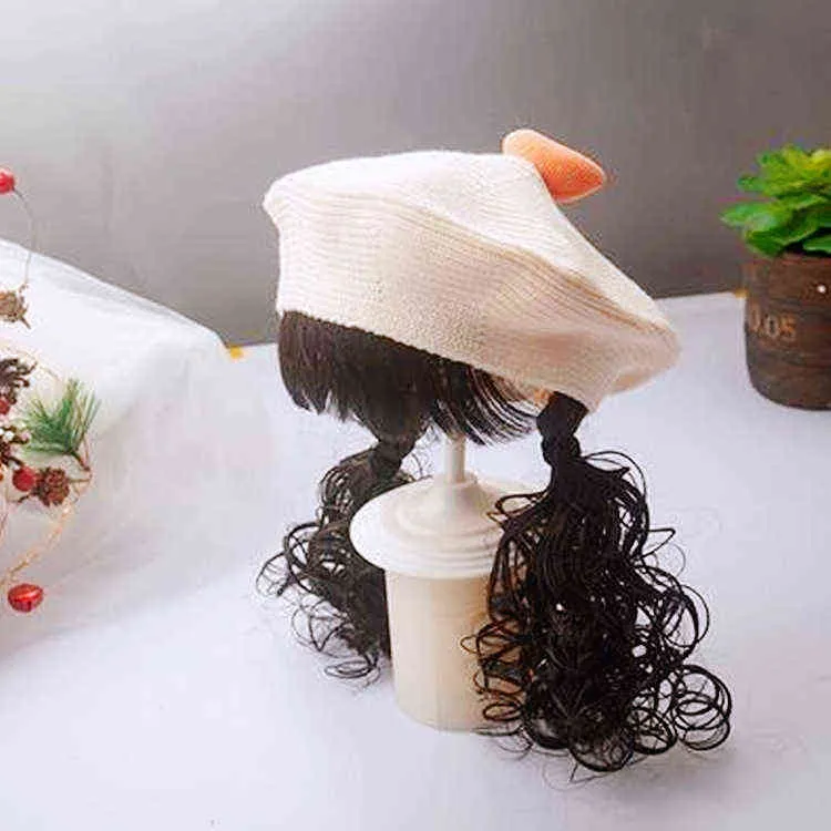 子供の女の子はベレー帽の帽子長い髪の編組編みcap秋の冬の暖かいファッションアウトドア子供ベビーハットとキャップl220728207o