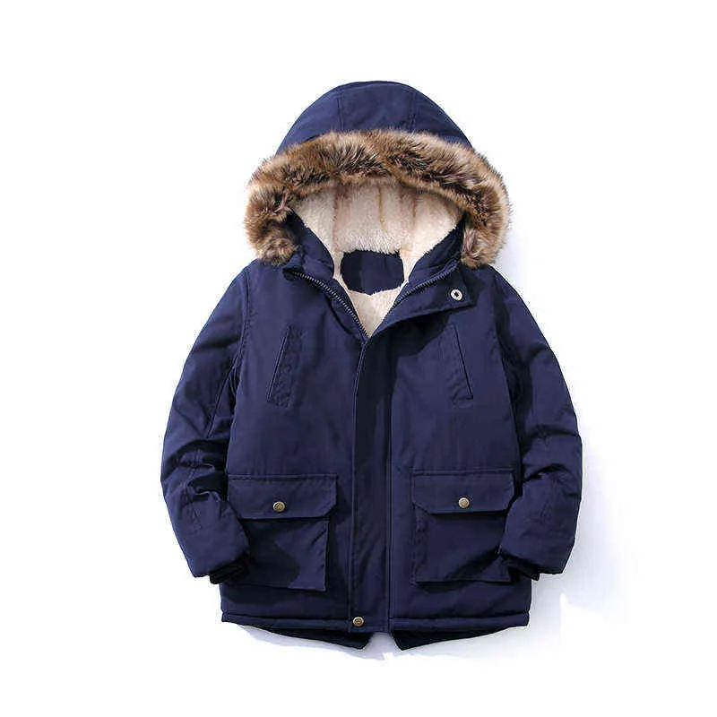 2022 Ny tonåring Winter Boys Jacket Päls krage fodrad med fleece stor storlek Håll varm tjock huva vindbrytare jacka för barn J220718