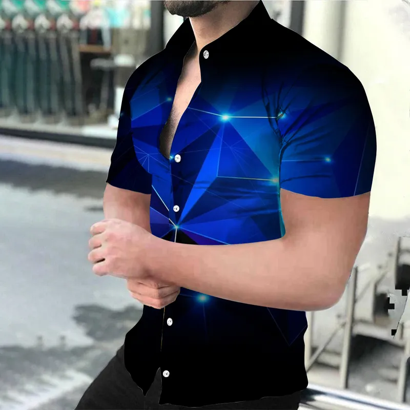 여름 패션 남성 소셜 셔츠 턴 다운 칼라 버튼 에드 셔츠 캐주얼 별이 빛나는 하늘 인쇄 짧은 슬리브 탑 남성 의류 S4XL 220527