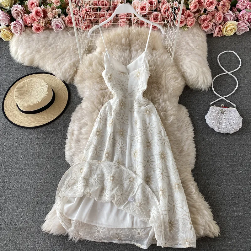 Francés verano playa Dres cuello en V una línea Floral gasa Vestidos Mujer Boho blanco bata larga 220517