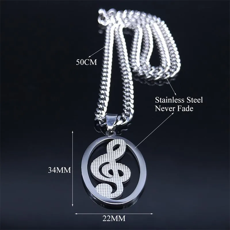 Pendant Necklaces Music Notes Stainless Steel Necklace Women Men Silver Color Chain Oval Jewelry Chaine Acier Inoxydable N4277S06P281f