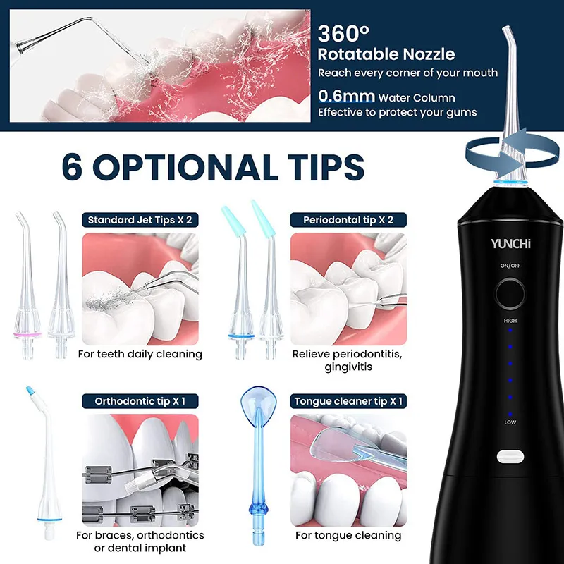 Irrigador oral portátil 320ml 6 Modos Remova o fluxo de água dental tártaro FLOSSOR DE ÁGUAs à prova d'água 30-110 PSI Limpador de dentes 8 Jets USB Recharge 220607