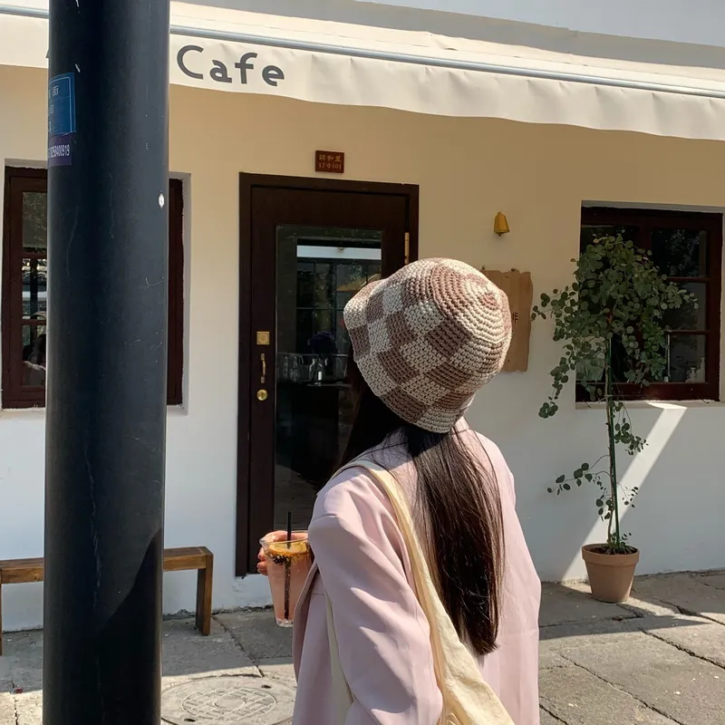 Chapeaux seau en Crochet faits à la main coréens, chapeau de soleil doux pour femmes, casquette de pêcheur Bob de styliste à carreaux, printemps été 2204275575065