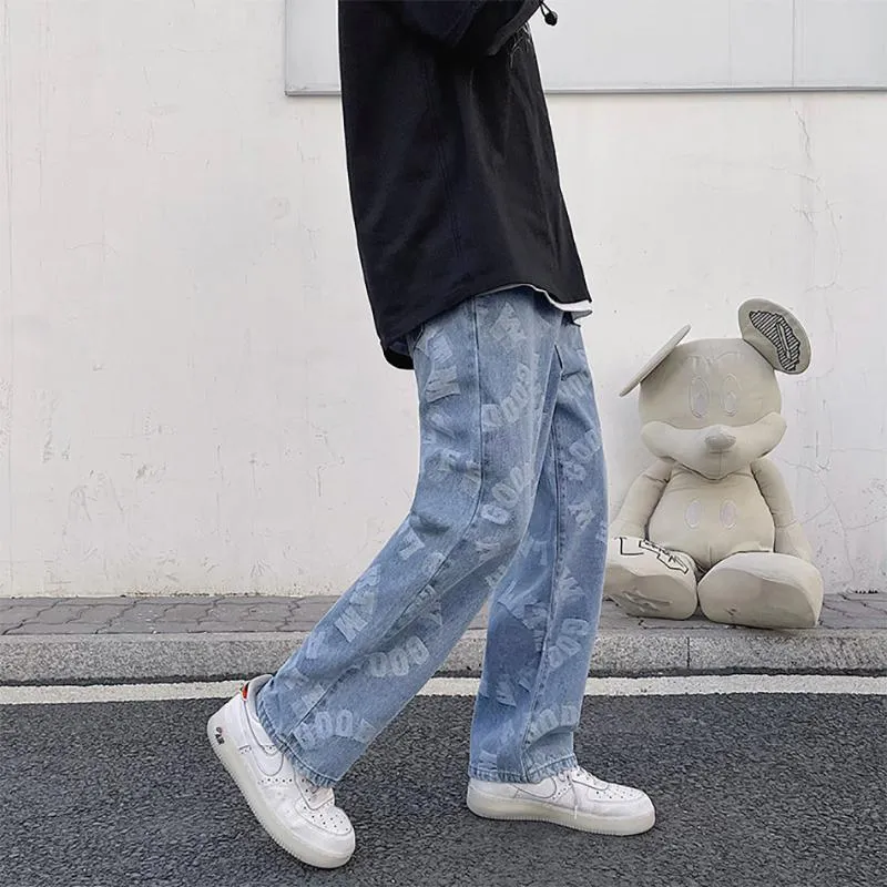 Neue Designer -Herren Jacquard Weitbein Denim Pant charakteristische Buchstaben Muster Jeans Gerade Design Männlich übergroße Hip -Hop -neutrale Hose