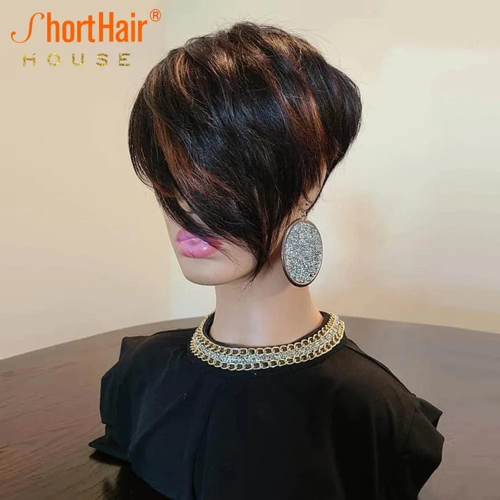 Highlight Short Cut Bob Human Hair Wigs With Long Natural Bangs For Black Women Full Machine Made Pixie Cut Wig