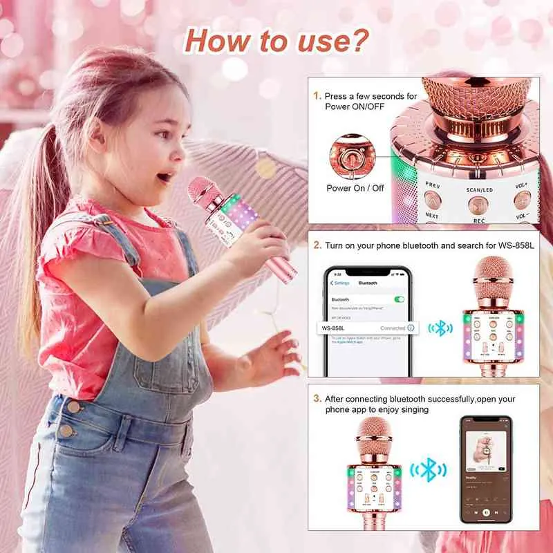 마이크 Mikrofon Karaoke Untuk Menyanyi Anak-Anak Mikrofon Bluetooth Nirkabel 5 in 1 Dengan Lampu Led Mesin Karaoke Speaker Mikrofon Portabel T220916