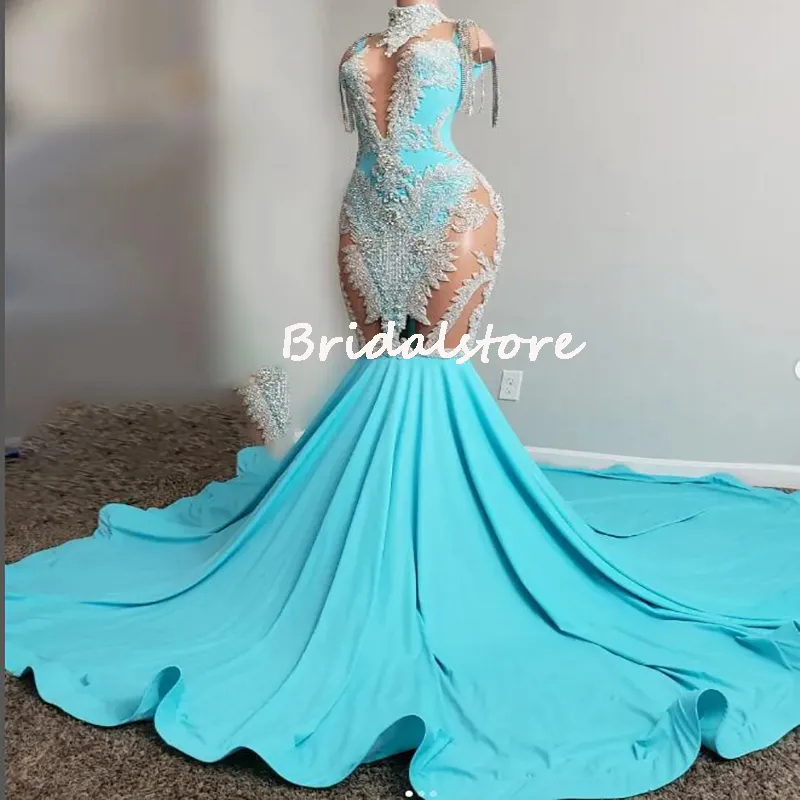 Aso ebi African Mermaid Prom Dresses2022 Blue Appliques Plus Size Black GirlsイブニングドレスTassel Long Formal Party Gown Women v333u