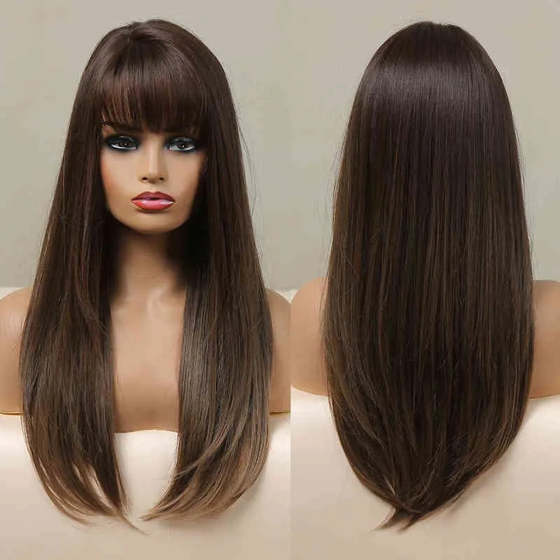 Uzun düz sentetik peruk kadınlar için patlama ile koyu siyah kahverengi katmanlı peruklar sarışın doğal saç cosplay ısıya dayanıklı 220622