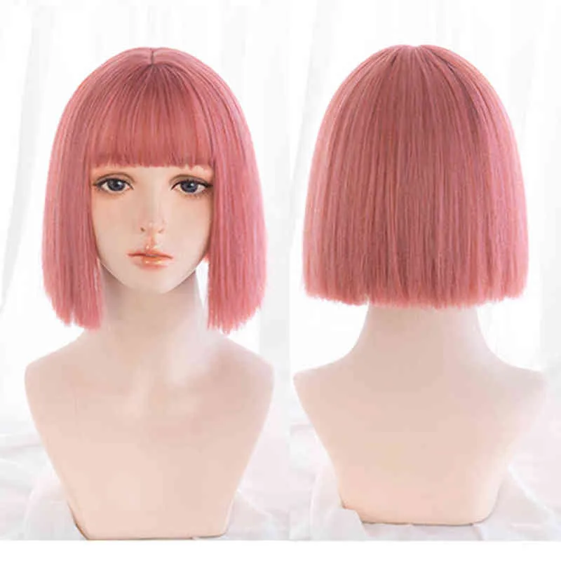 As Short Bob Wig with Bangs Synthetic Wigs for Women Ombre Black Red Purple Blonde Pink Lolita Cosplay Party Natural Hair 220622