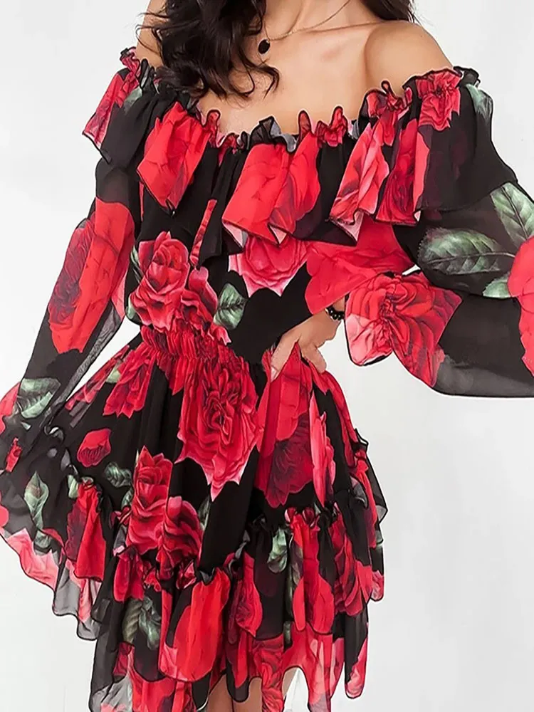 Seksowna różowa z nadrukiem na ramię w kwiatach letnia sukienka kobiety swobodny rękaw siatkowy warstwowy Ruffle szyfon bekonka mini kwiatowa sukienka Lady 220516