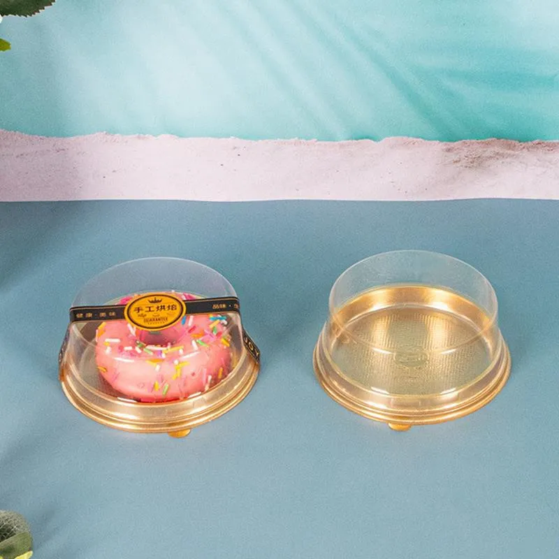4Inch Round Plastic Donut Cake Box Packaging Egg-Yolk Puff Container Gold Black Tray Baking Packing Box Party