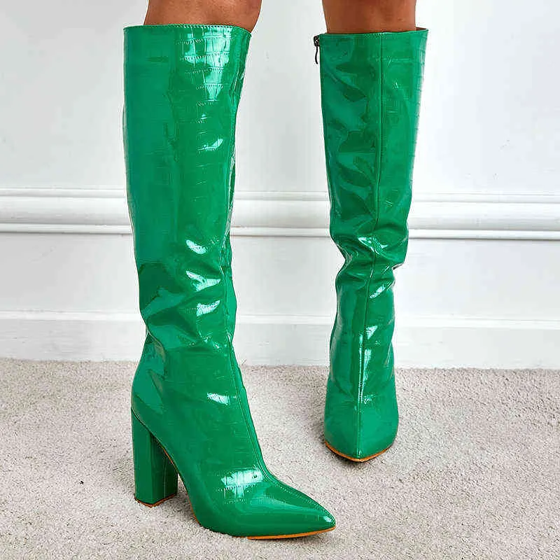 2022 Women 10.5cm High Heels Green Knee High Boots Lady Fetish Block Heels Leather Green Boots Platform Catwalk Stripper Shoes Y220729