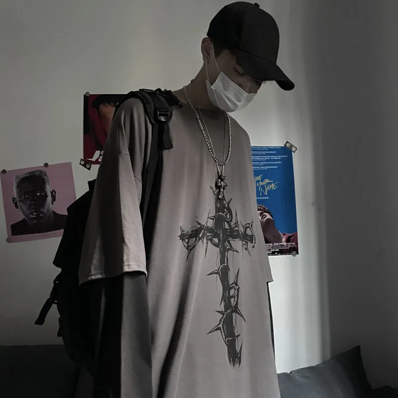 QWEEK Gothic Style Tshirt Mall Tops Punk Long Sleeve Oversized T-shirt Fake Two-piece Street Fashion Korean 220321