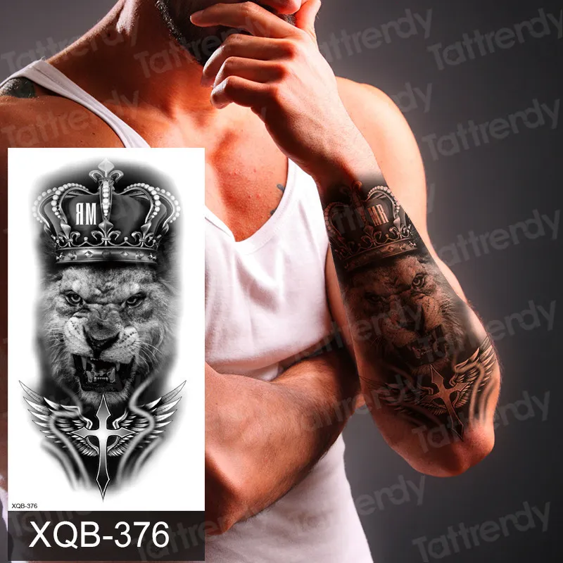 Autocollant de tatouage temporaire imperméable à l'eau Roi Lion Couronne Croix Motif Tigre Faux Tatto Flash Tatoo Noir Body Art pour Enfants Femmes Hommes 28974675