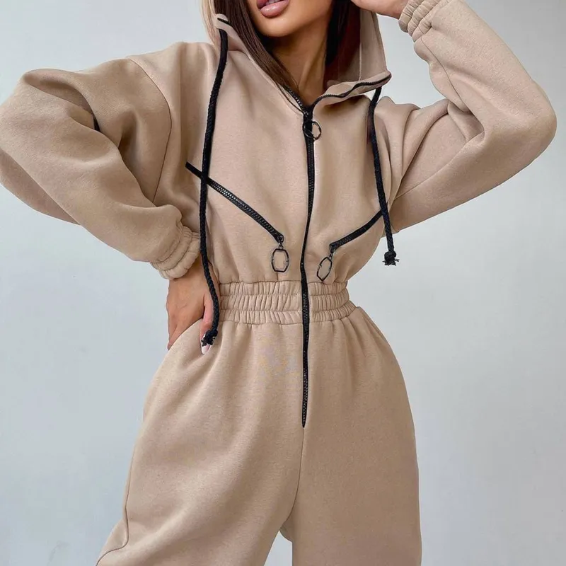 Women Elegant Jumpsuit Hoodies Zipper Outfit Fleece Lined Winter Long Sleeve Overalls Casual Rompers Tracksuits Black 220801