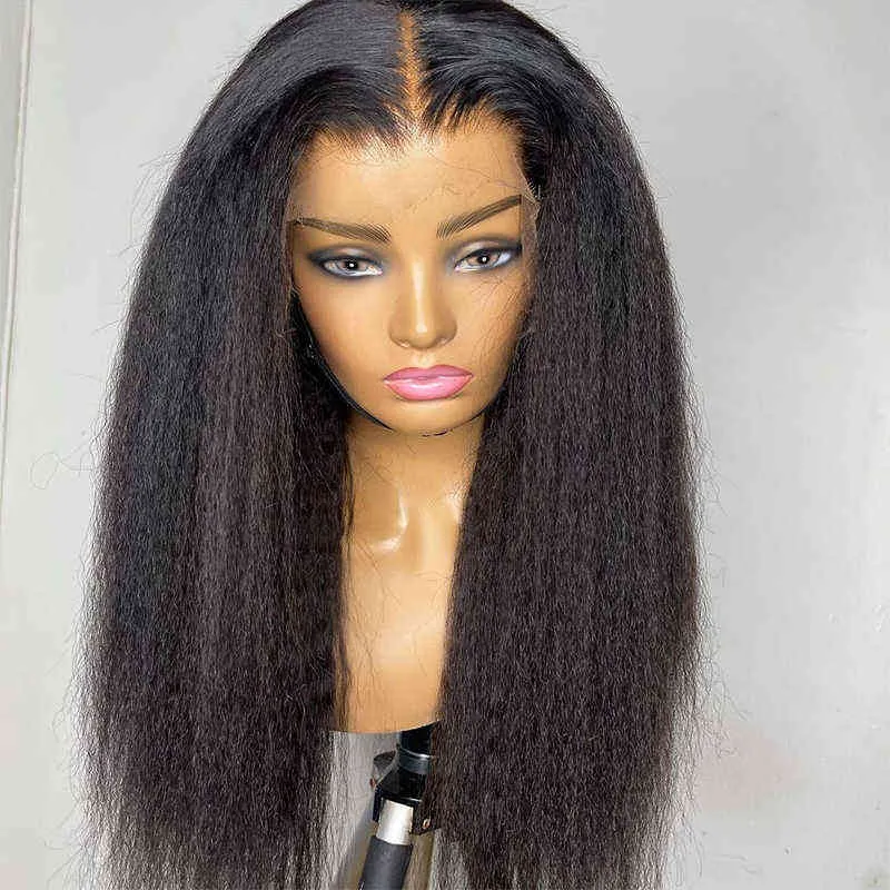 Natural Soft Black Yaki Straight Hair Wig for Women Line Kinky Long Afro Heat Resistant Fiber 220622