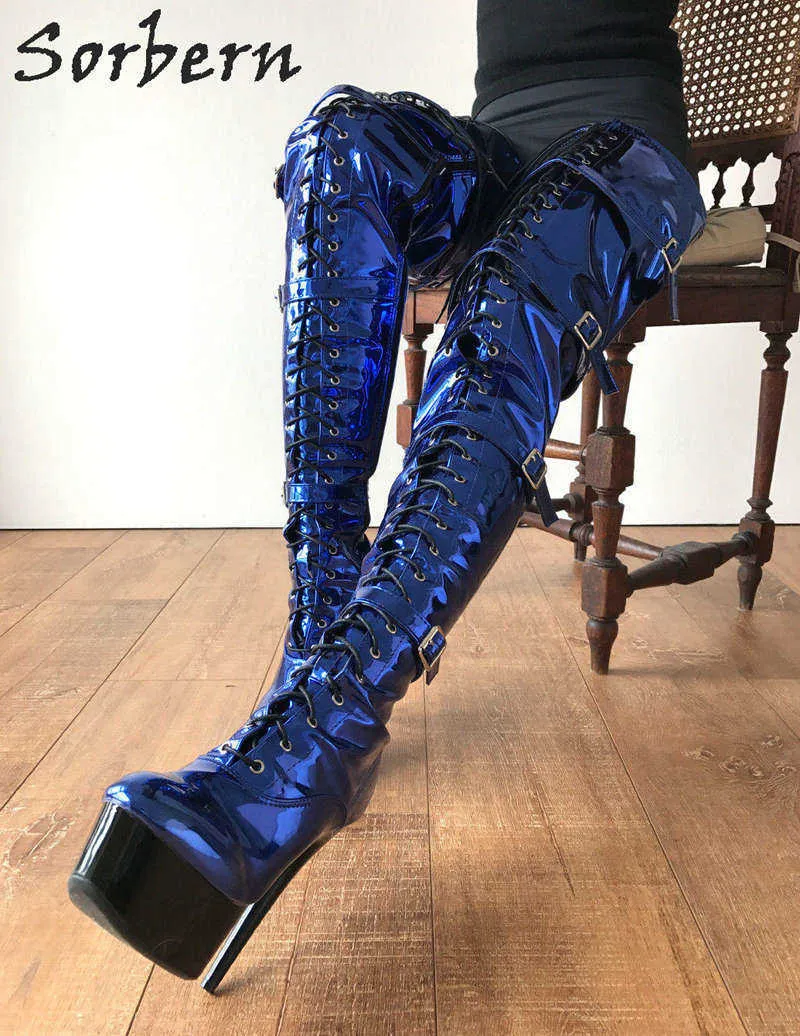 Sorbern Sexy Fetischstiefel mit hohem Absatz, 15 cm, Plateau, Oberschenkelhohe Stiefel, Burlesque-Absatz, 80 cm Schritt, Cosplay, Goth, Punk, Blau-Metallic